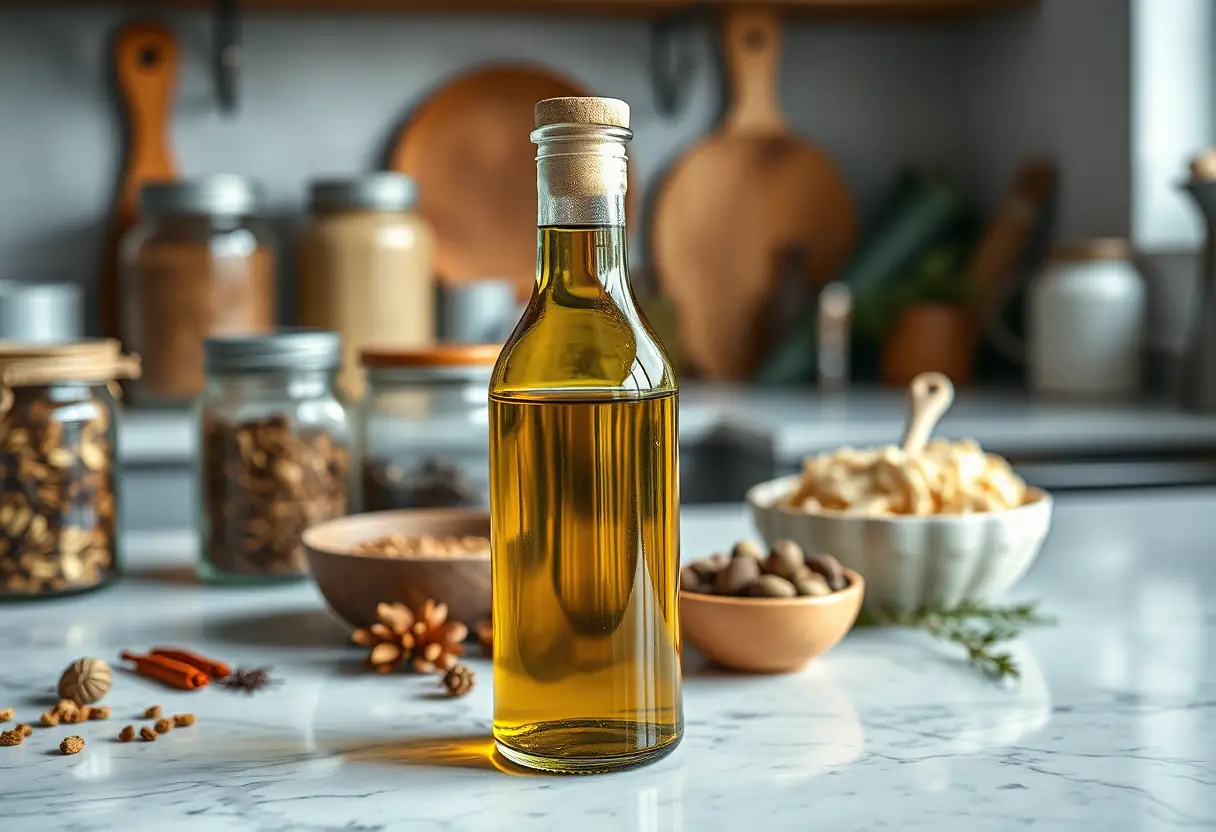 Une bouteille en verre contenant de l'huile d'olive sur un comptoir de cuisine, entourée de bocaux de condiments et d'herbes sèches