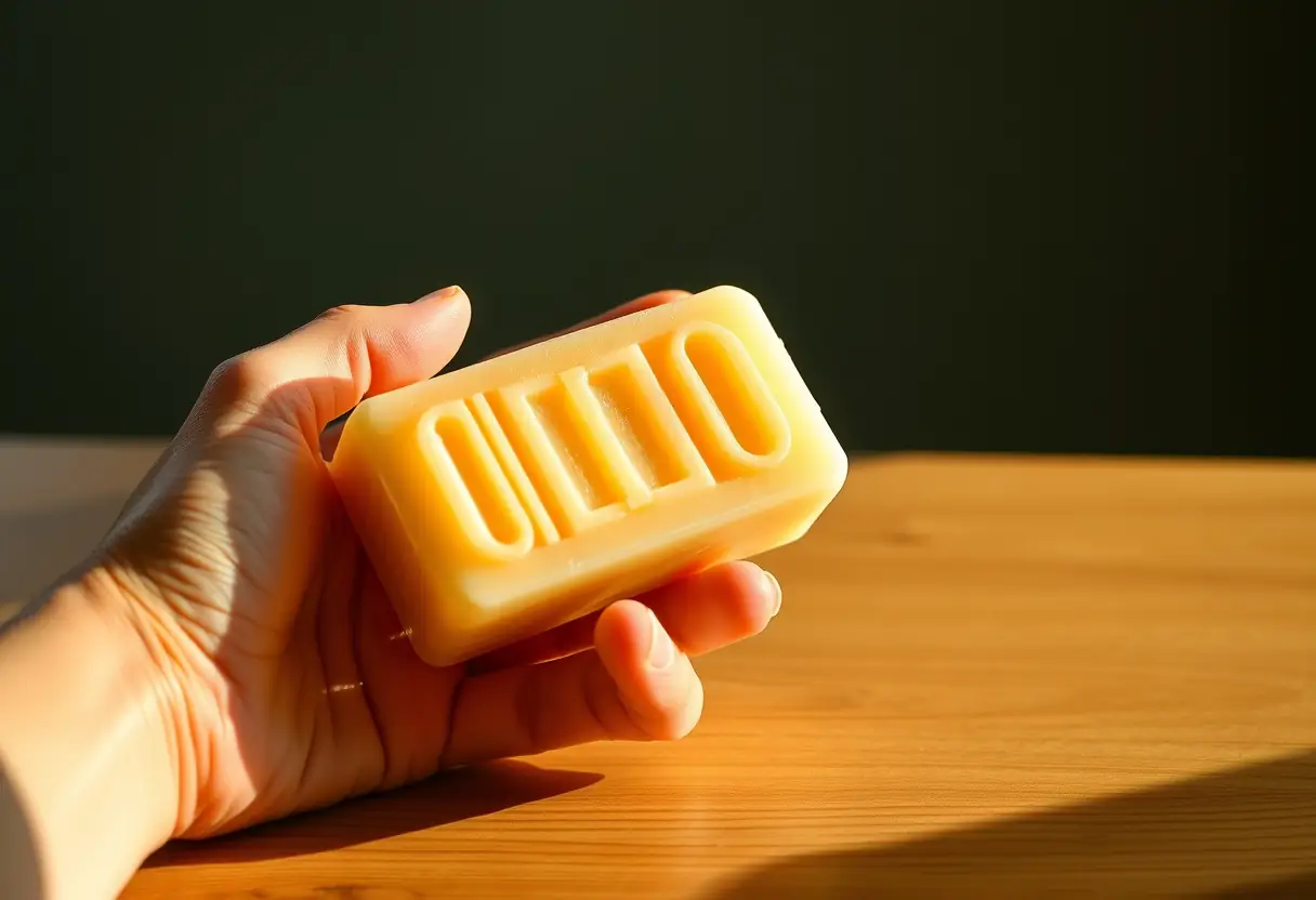 Une main tenant un savon d'Alep aux reliefs apparents posé sur une table en bois