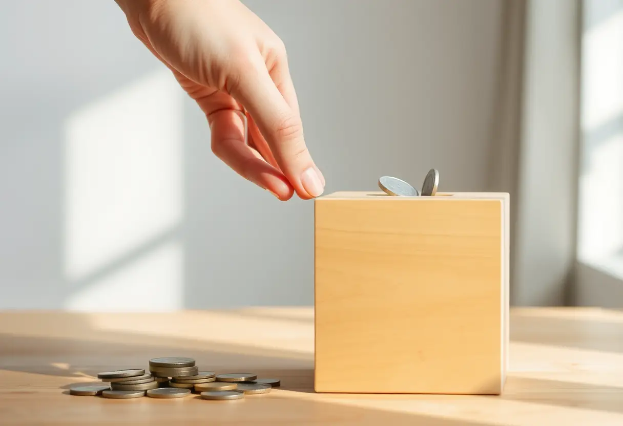 Des pièces de monnaie placées dans une boîte en bois pour représenter l'épargne éthique