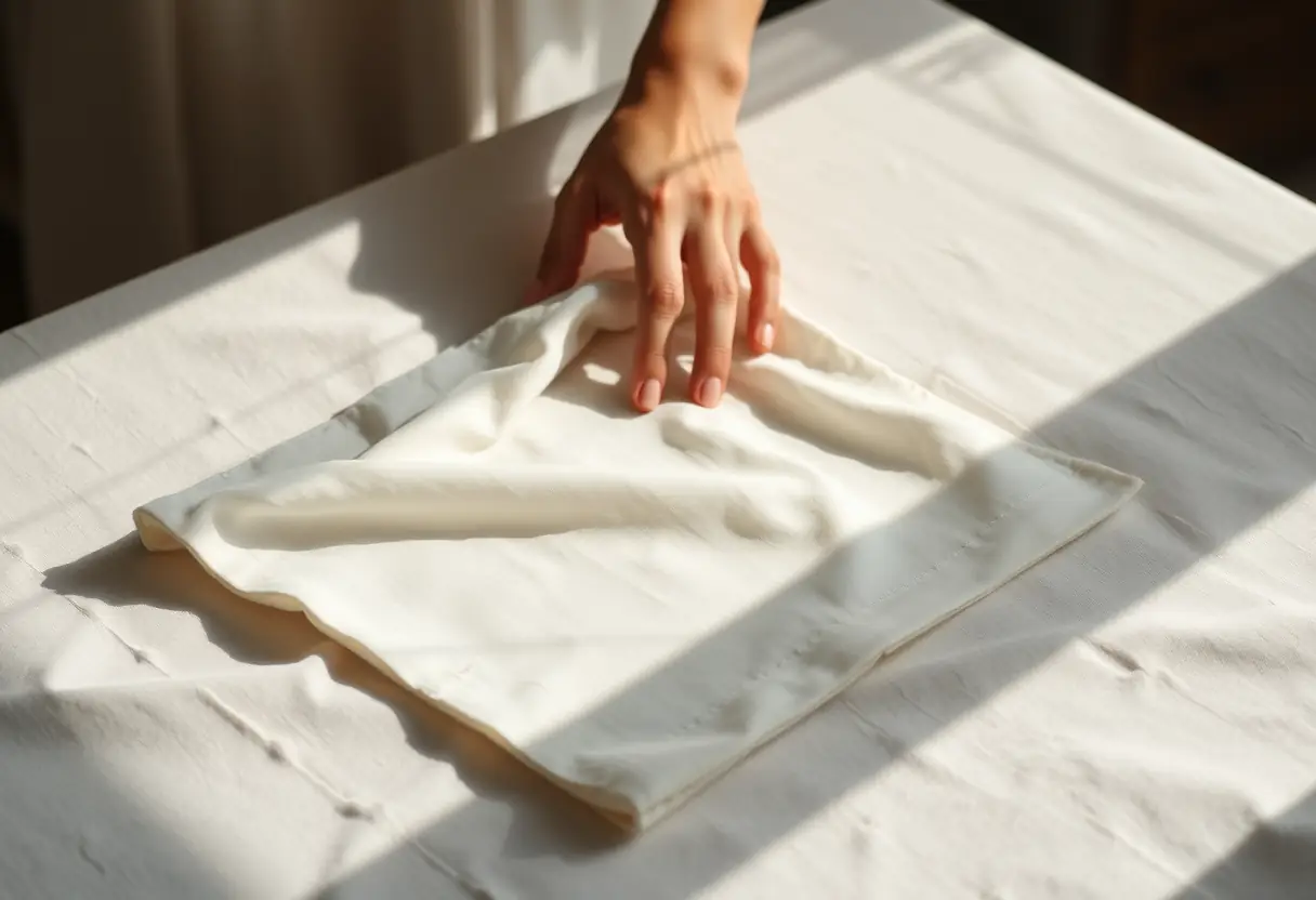 Une main lisse doucement un carré de tissu sur une table, mettant en valeur la texture et les plis.