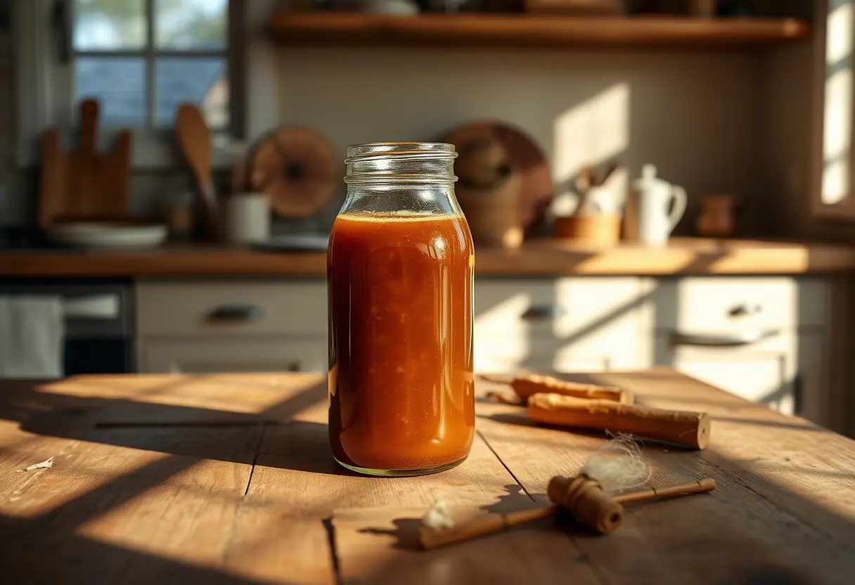 Une bouteille en verre contenant du sirop de betterave, posée sur une table rustique dans une cuisine