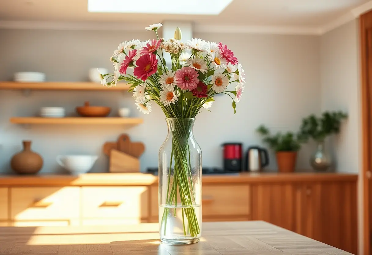 Un vase en verre rempli de fleurs fraîches sur un plan de travail en bois, symbole de croissance et de renouvellement.