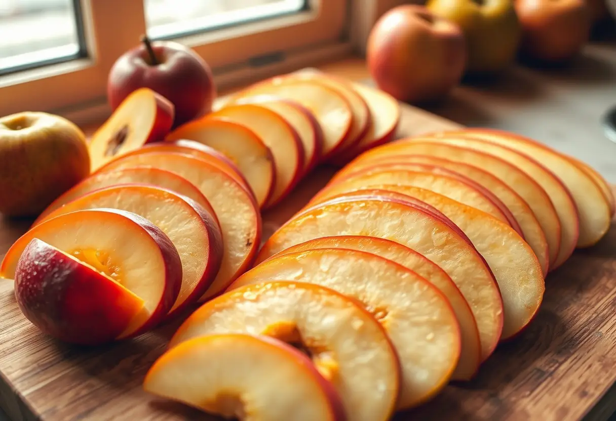 Un plan de travail en bois avec des tranches d'pommes et de coings