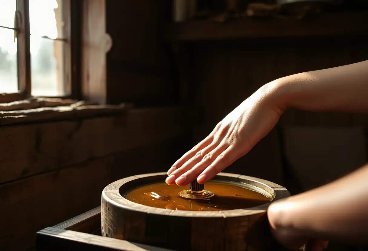 Main de femme pressant l'huile d'argan dans une presse en bois traditionnelle