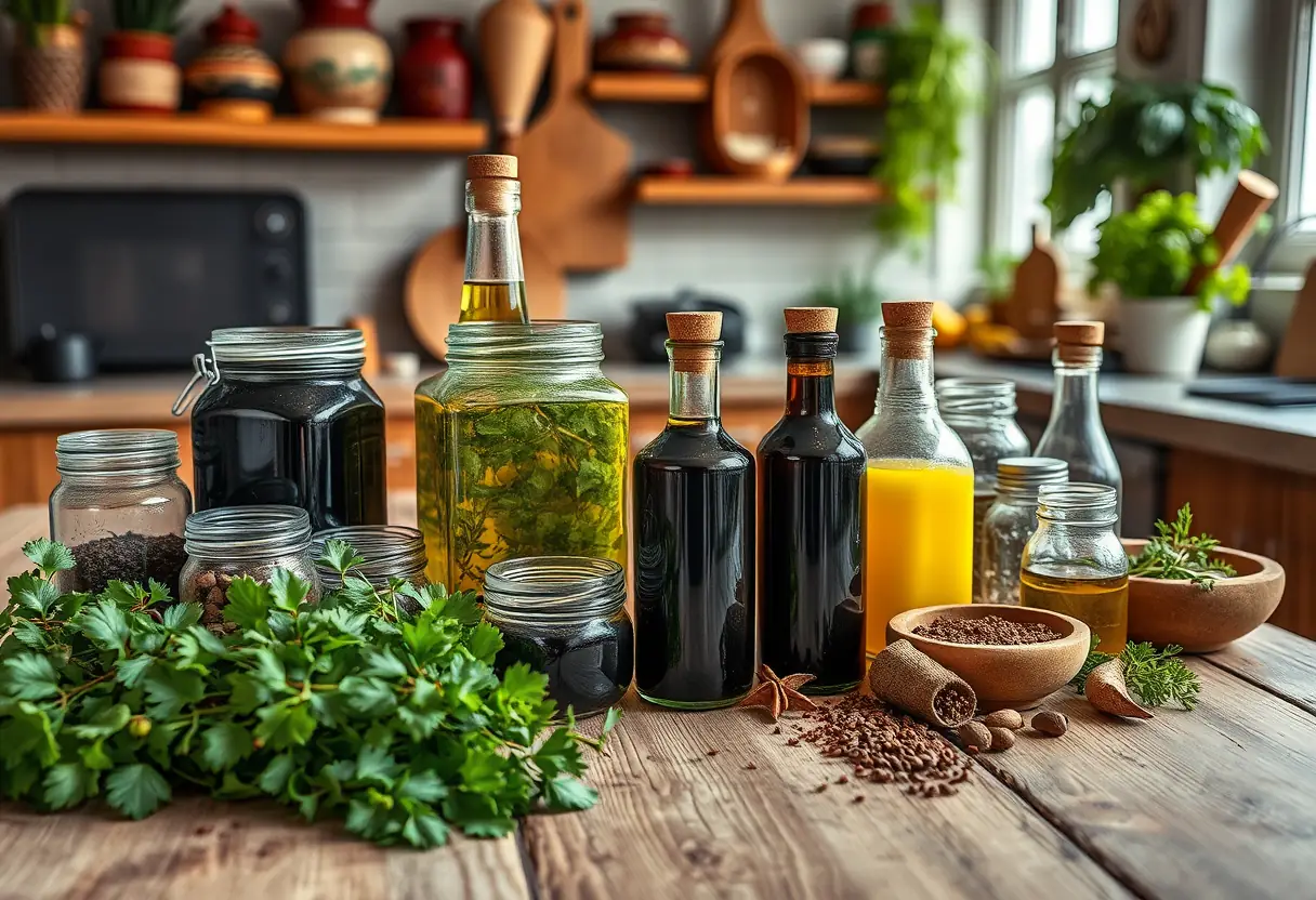 Un grand plateau de bois garni de bocaux contenant des épices et de l'huile d'argan, rappelant les rituels de soins naturels