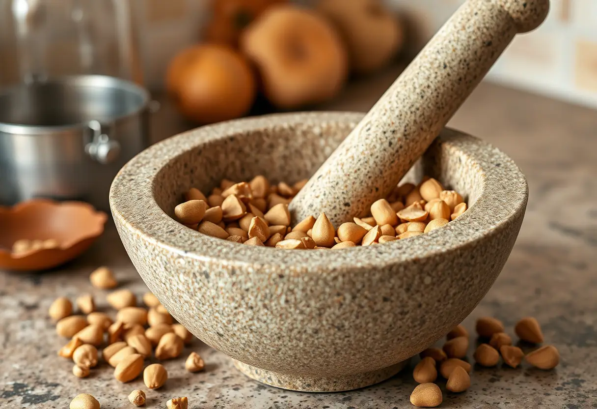 Un mortier et pilon posés sur un comptoir de cuisine, remplis de graines d'argan écrabouillées.