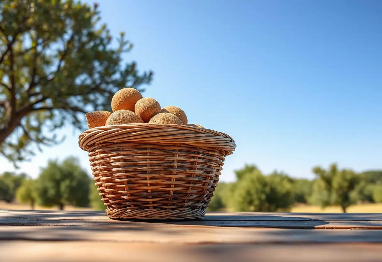 Un panier tressé contenant de l'huile d'argan fraîchement extraite posé sur une table en bois.