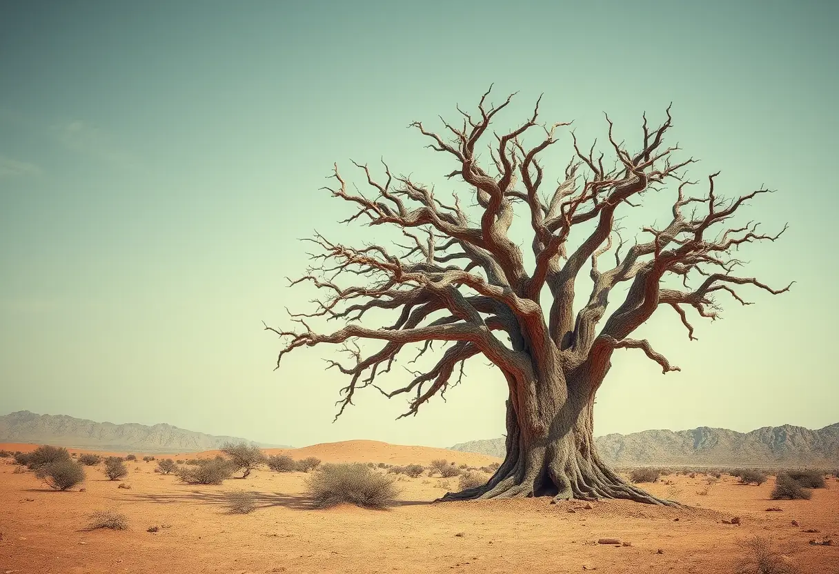 Un grand arbre arganier symbolise la résilience dans un paysage désertique au Maroc.