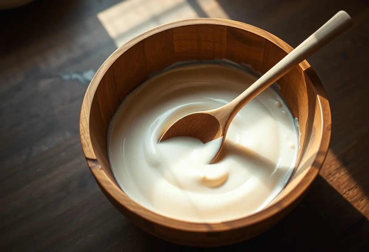 Une cuillère en bois mélange une substance crémeuse dans un grand bol en bois