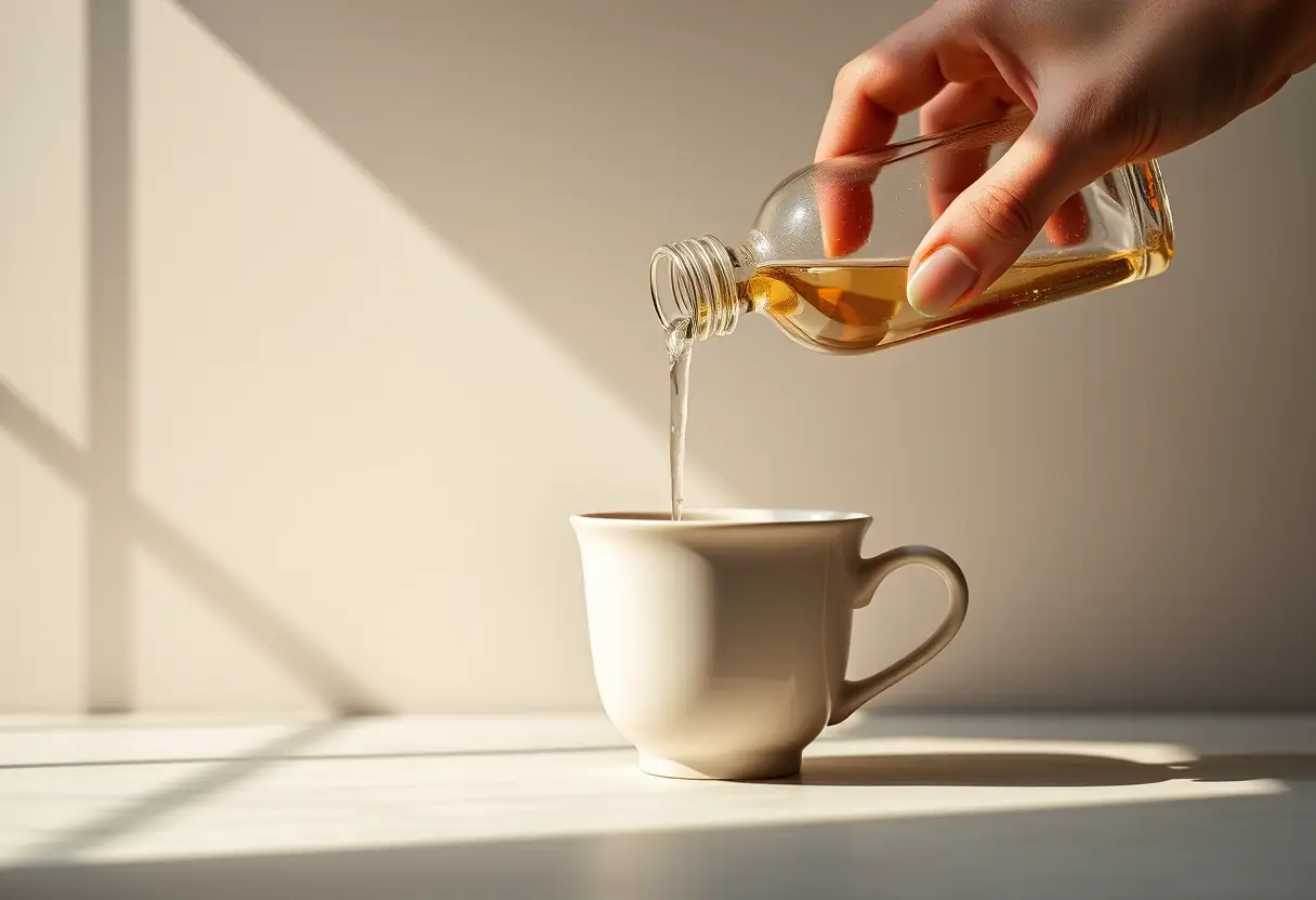 Liquide doré versé dans une tasse de céramique, lumière matinale