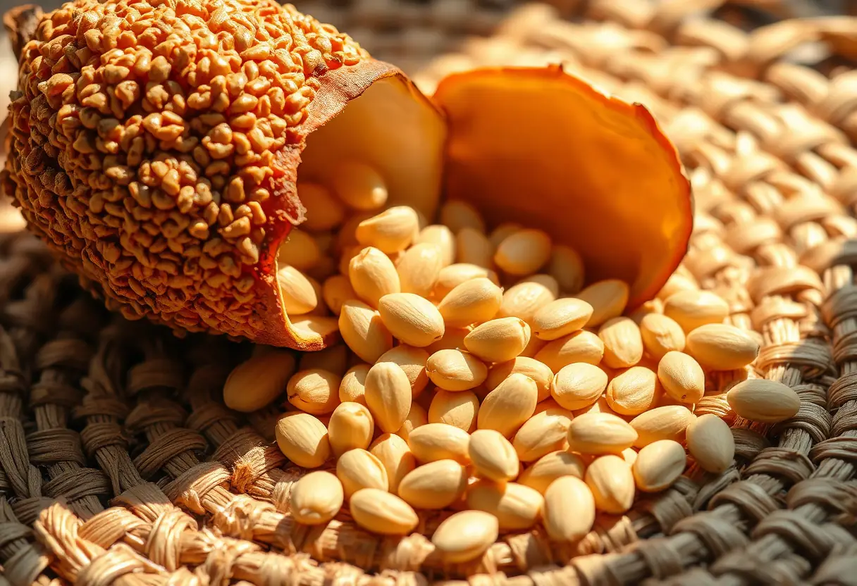 Des graines en forme d'amande sortent d'un fruit d'argan fendu sur un tapis en paille tressée