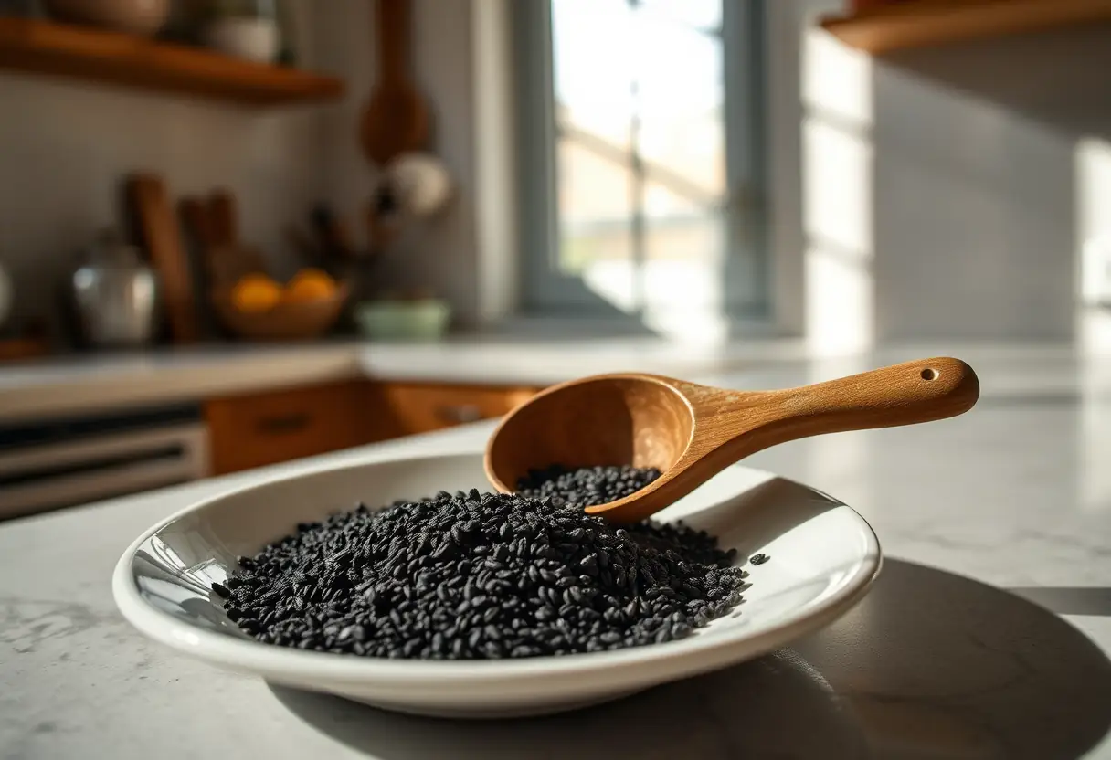Une cuillère en bois posée sur un plateau de graines de nigelle dans une cuisine ensoleillée