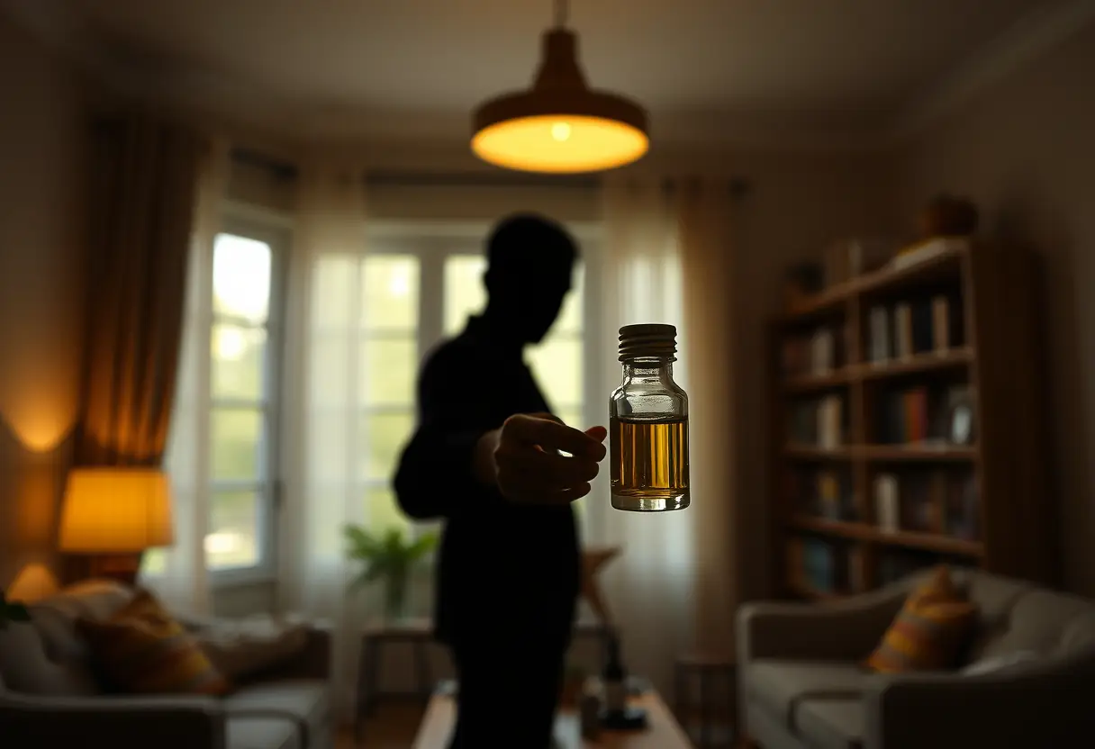 Silhouette d'une personne tenant un flacon avec de l'huile, dans un salon éclairé.
