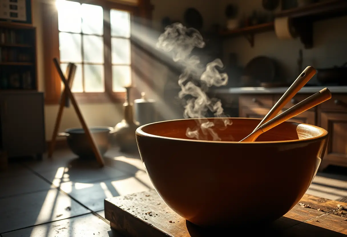 Une cuillère en bois remue une mixture dans un grand bol en terre cuite, dans une cuisine embaumée par l'odeur de la cuisine.