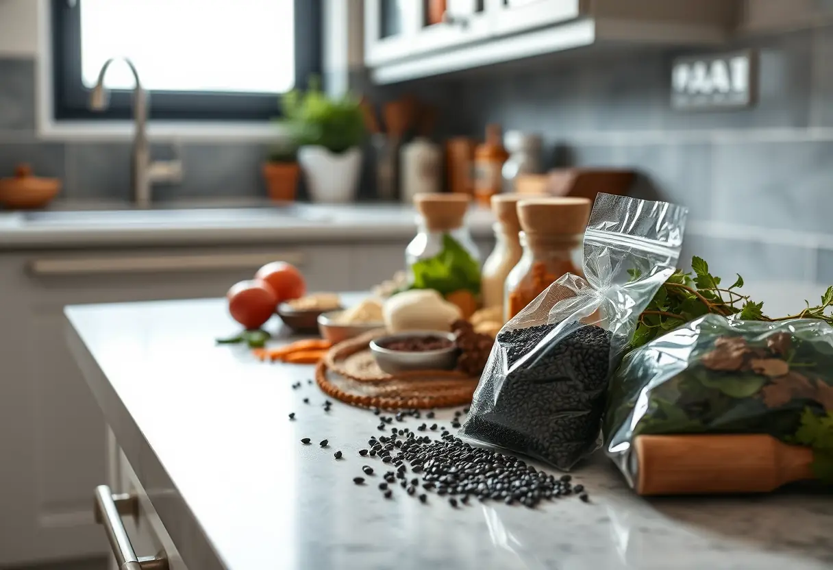 Un plan de travail de cuisine rempli d'épices et d'herbes, dont une petite poche de graines noires, dans un intérieur moderne