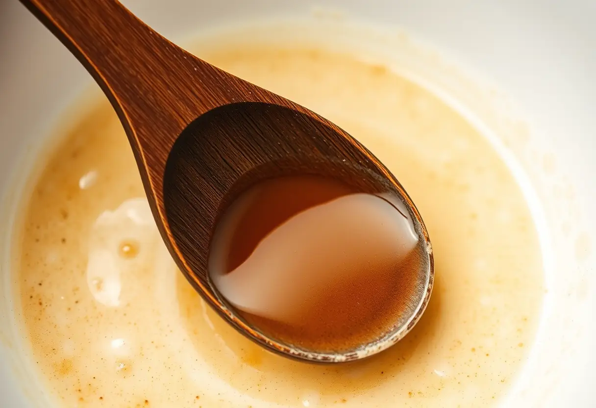 Cuillère en bois mélangeant une mixture avec de l'huile de nigelle