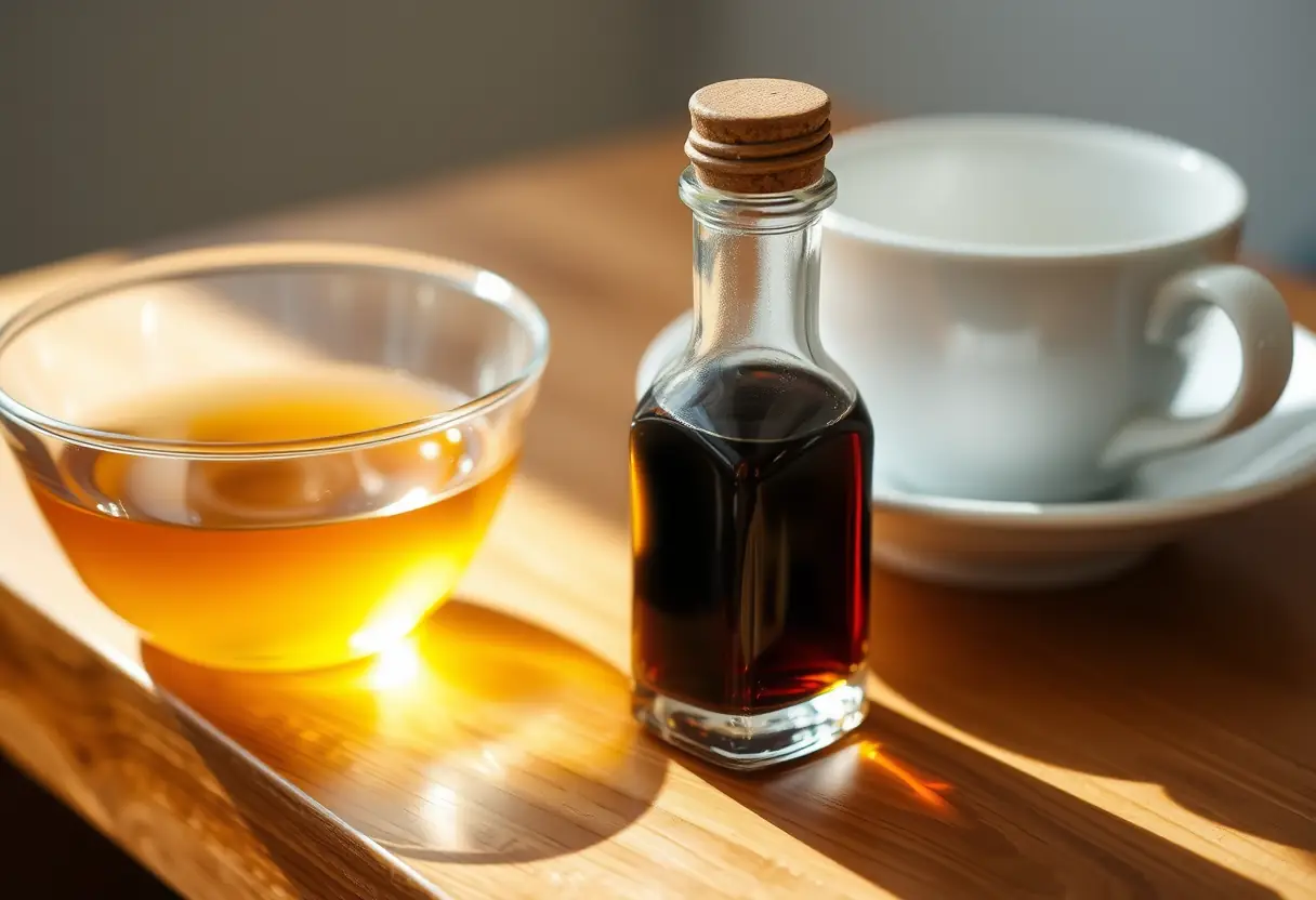 Un petit flacon en verre contenant de l'huile sombre sur une table en bois, lumière matinale