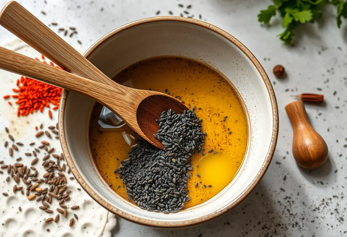 Une cuillère en bois mélange une préparation contenant des graines noires broyées dans un bol sur un plan de travail de cuisine