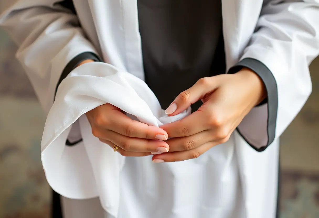 Des mains pliant soigneusement un hijab blanc, préparation à la prière