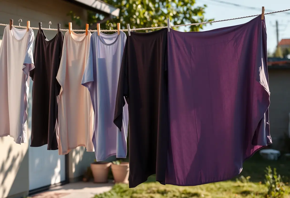 Des vêtements suspendus sur une corde dans un jardin arrière, dont une abaya simple qui sèche sous le soleil de l'après-midi, représentant la purification et la régénération.