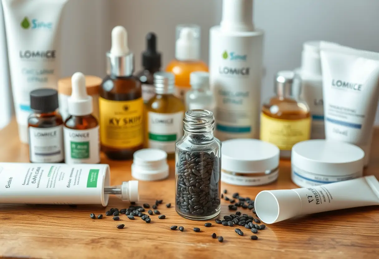 Un bureau en bois avec divers produits de soin, dont une petite bouteille contenant des graines noires