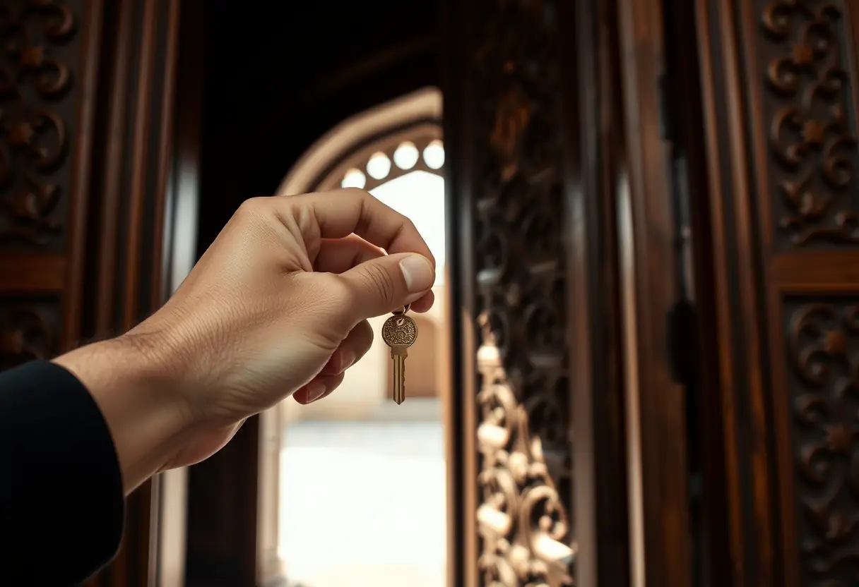 Une main tenant une clef en métal, ouvre une porte sculptée dans un couvent musulman