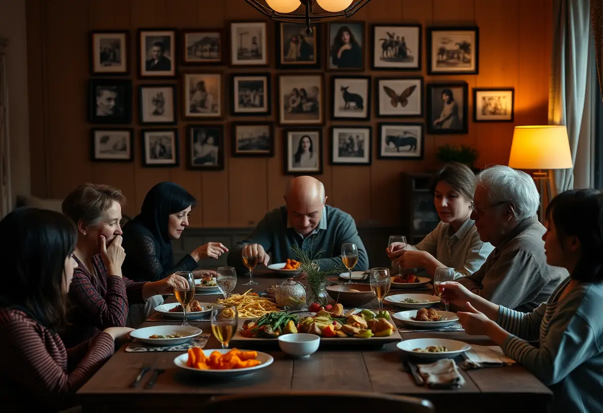 Une famille autour d'une table, partageant un repas, sans visages ni portraits