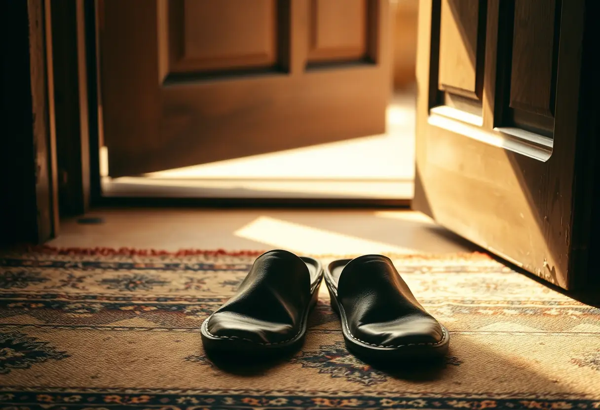 Des chaussures en cuir posées près d'une porte dans un intérieur chaleureux