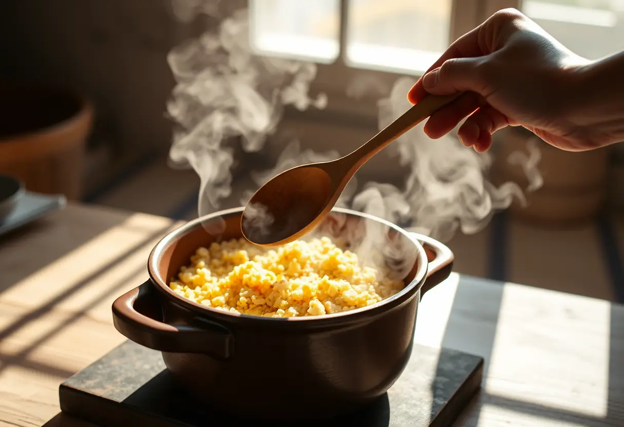 Une main tenant une cuillère en bois au-dessus d'un pot en argile rempli de couscous fumant