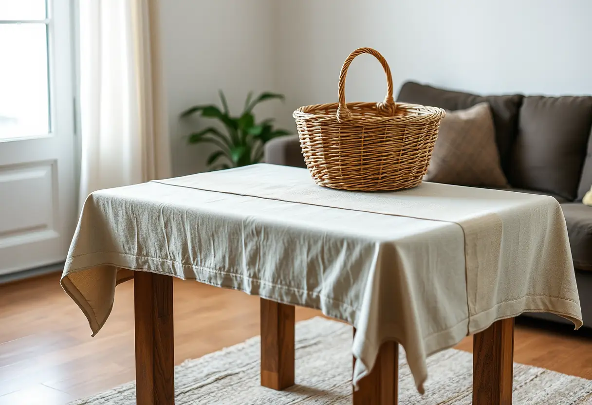 Un bureau recouvert d’un tissu dans un coin de salon, avec un panier tressé posé dessus.