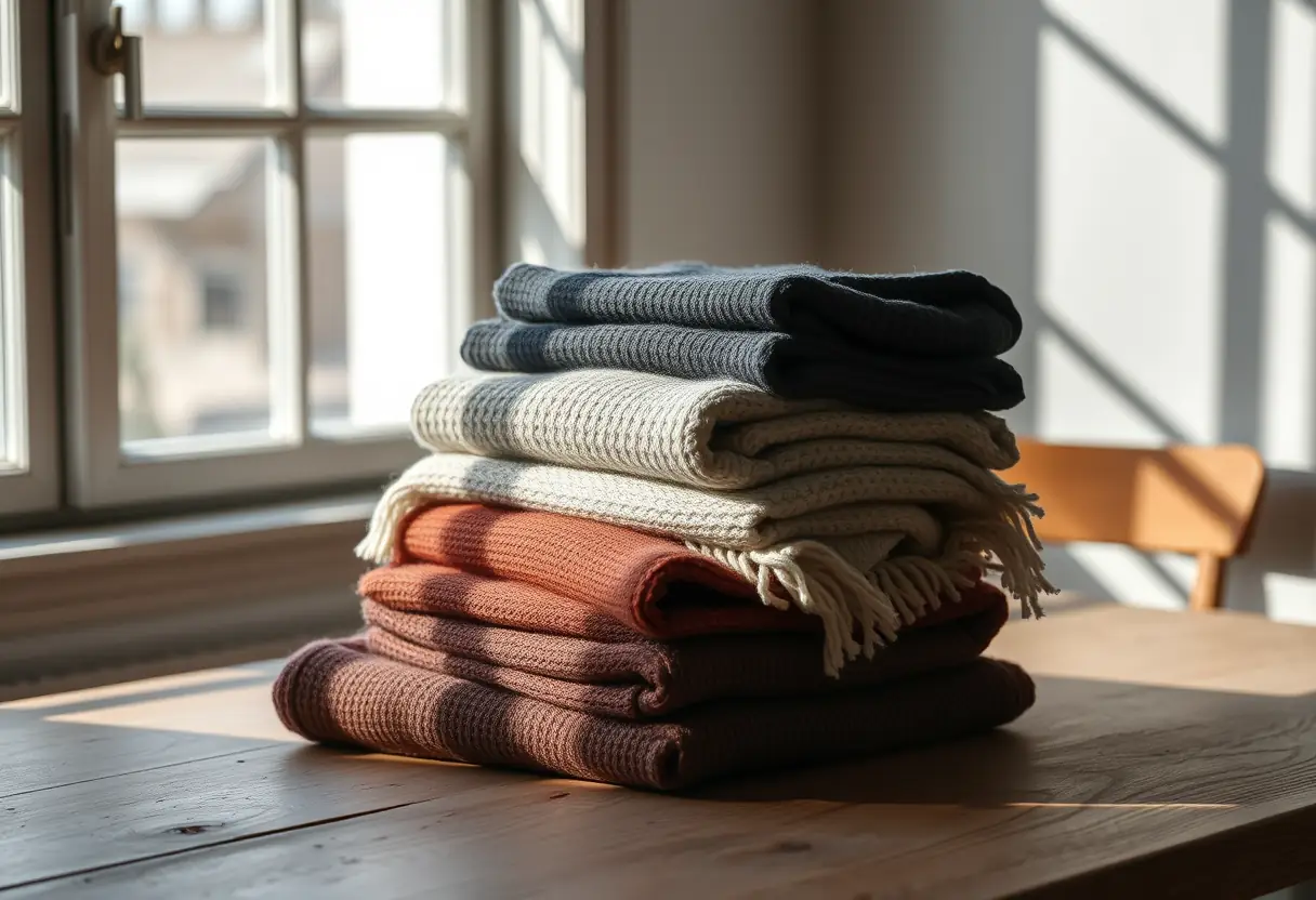 Un amoncellement de foulards en laine posés sur une table en bois