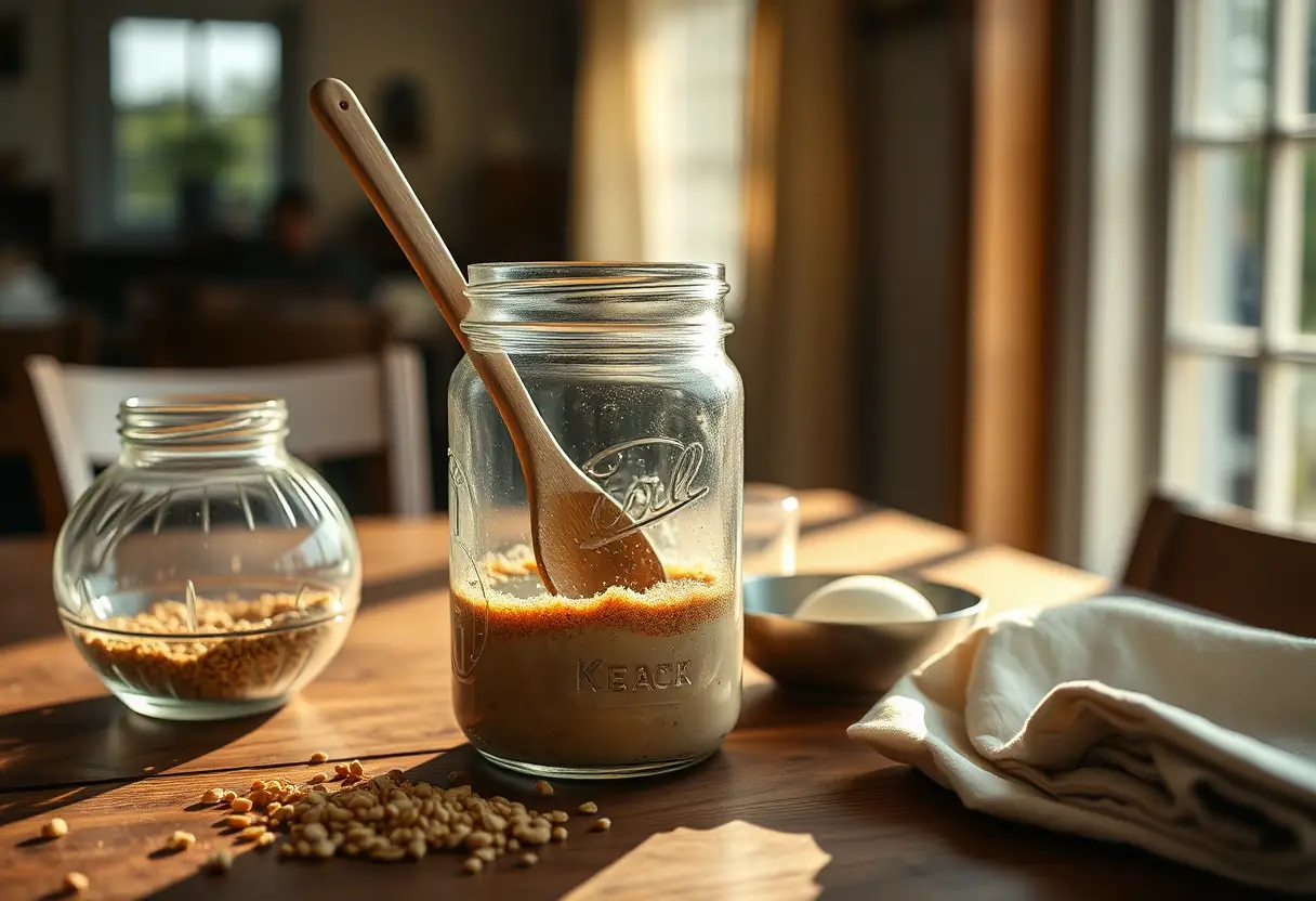Une cuillère en bois mélange une préparation dans un bocal de verre sur une table de salle à manger