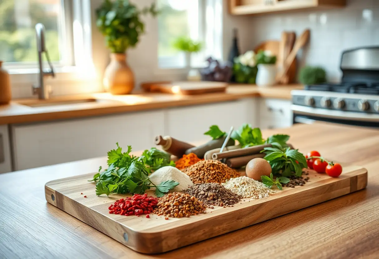 Un plan de travail en bois garni d'épices et d'herbes, évoquant les préparations culinaires pendant le Ramadan