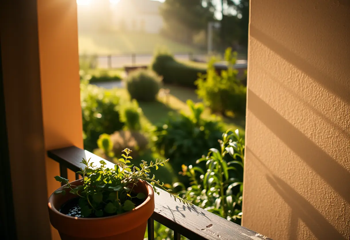 Vue d'un balcon sur un jardin, avec un pot de terre cuite contenant des herbes, le soleil de l'après-midi projette des ombres sur la verdure