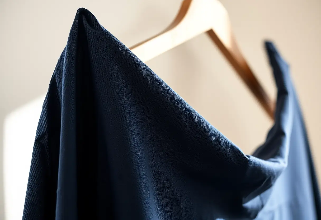 Un coin d'une cape bleu foncé sur un porte-manteau, rappelant l'utilité première de l'abaya