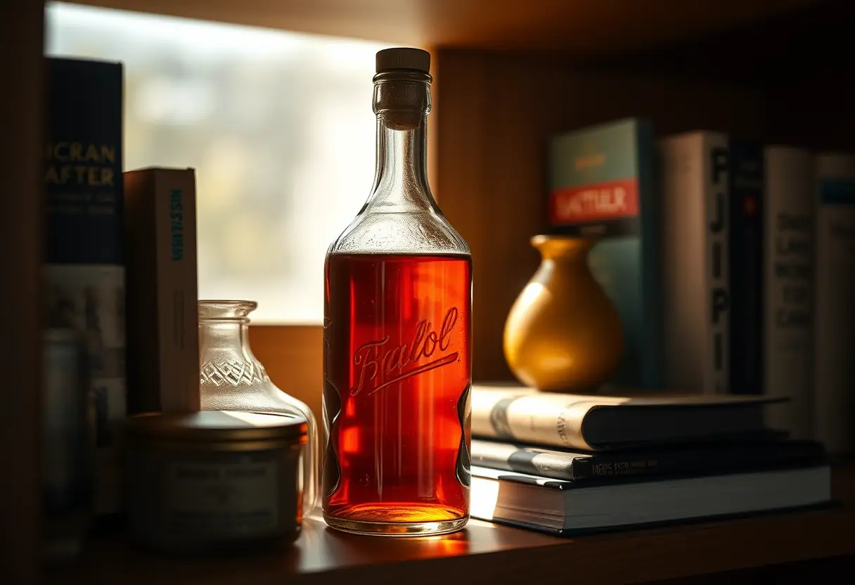 Une bouteille en verre remplie de liquide ambre se trouve sur une étagère avec d'autres objets, éclairée par la lumière du soleil