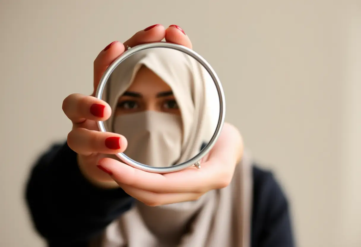 Main tenant d'un miroir, reflétant le voile, symbole de la réflexion personnelle et du respect des principes religieux.