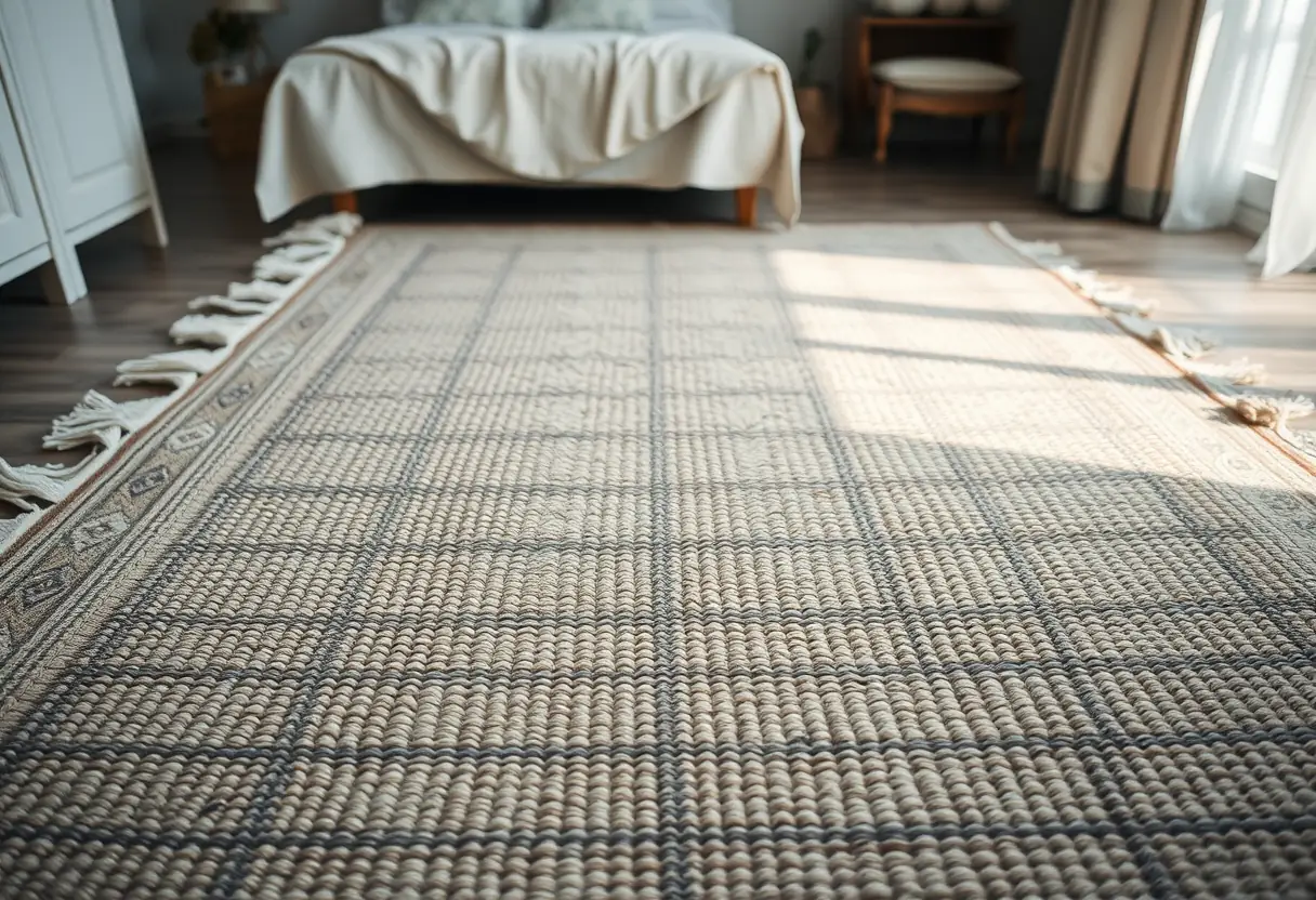 Vue d’un tapis de prière en coton tissé sur le plancher d’une chambre