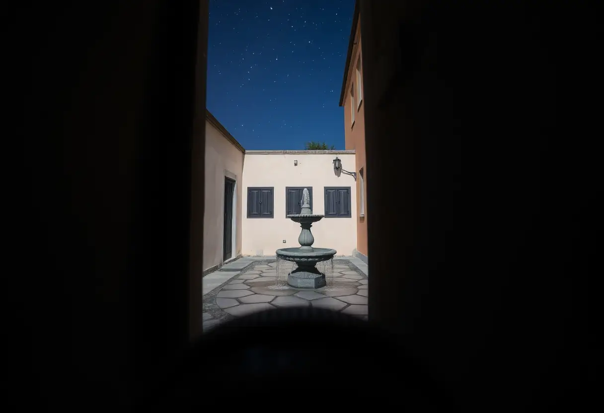 Un modeste jardin intérieur avec une fontaine pendant la prière nocturne