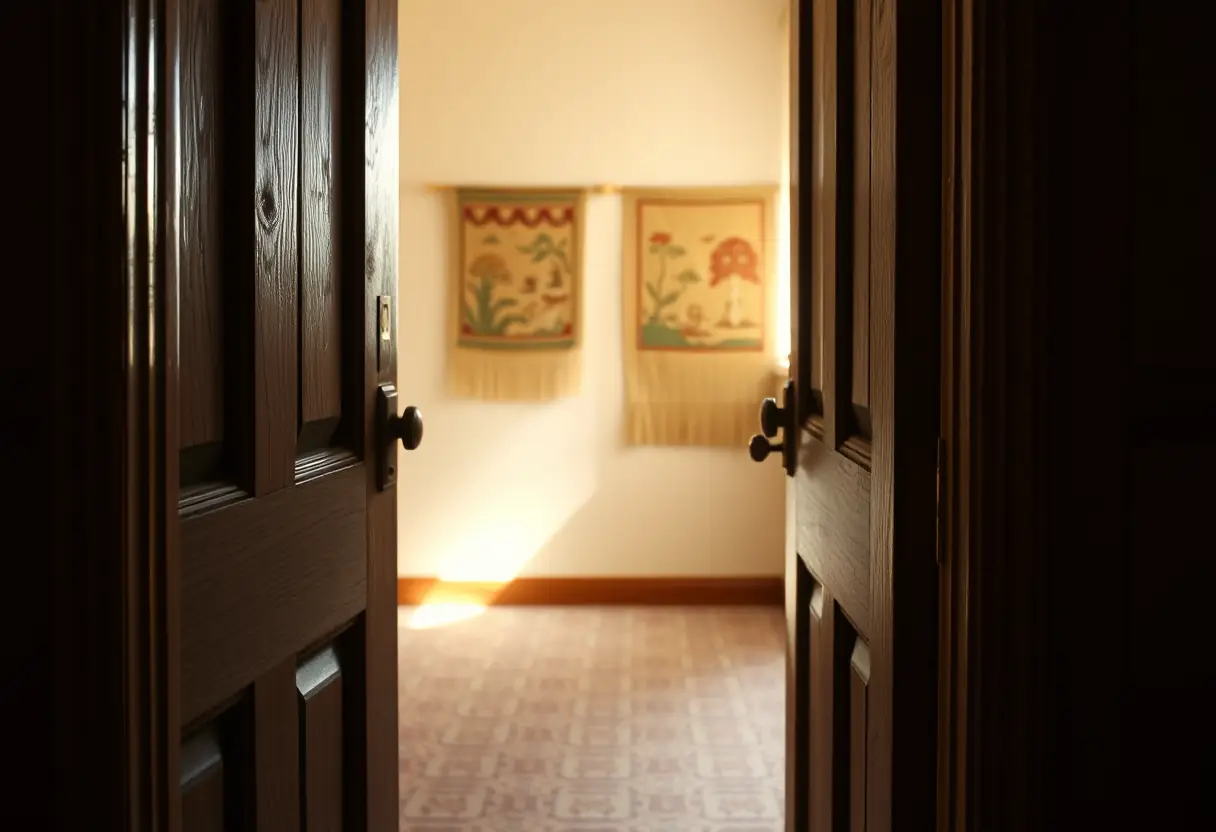 Un chambranle de porte avec poignée de cuivre dans un couloir tapisssé