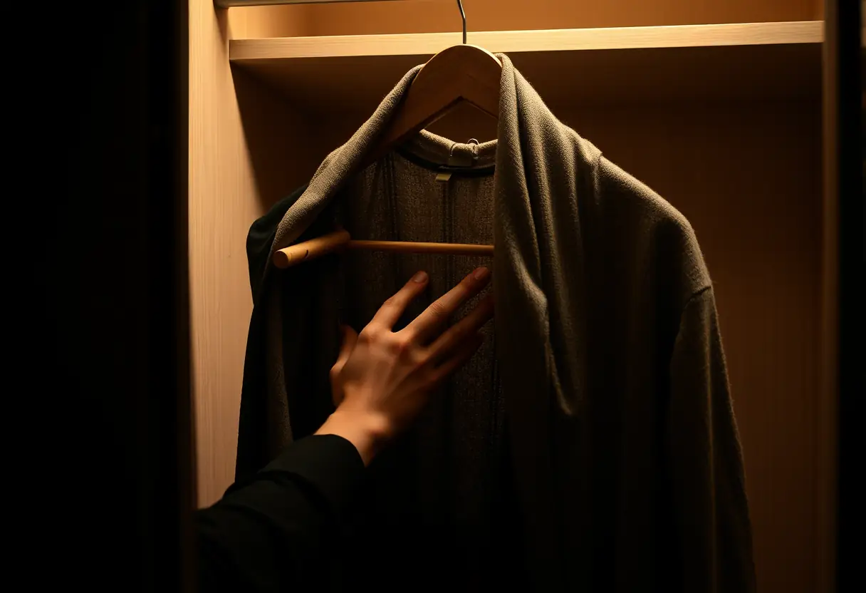Une main ajustant une abaya en laine dans un placard sombre, évoquant l'élégance intemporelle du désert