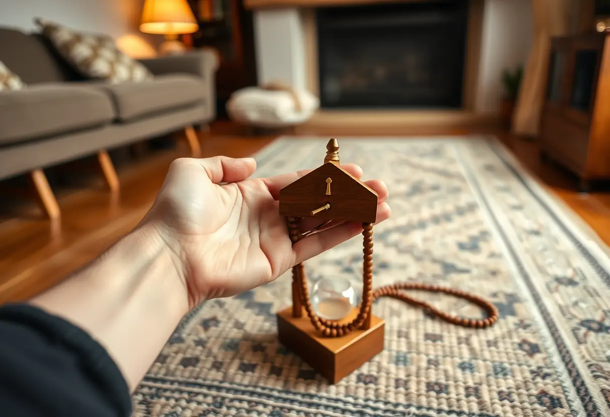 Une main tenant un compte-rendu à perles en bois posé sur un tapis tissé dans un salon, indiquant la pratique des prières quotidiennes au sein du foyer