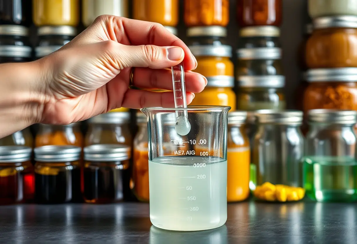 Une main mesure avec soin une quantité précise de savon liquide dans un récipient en verre, près de bocaux bien rangés.