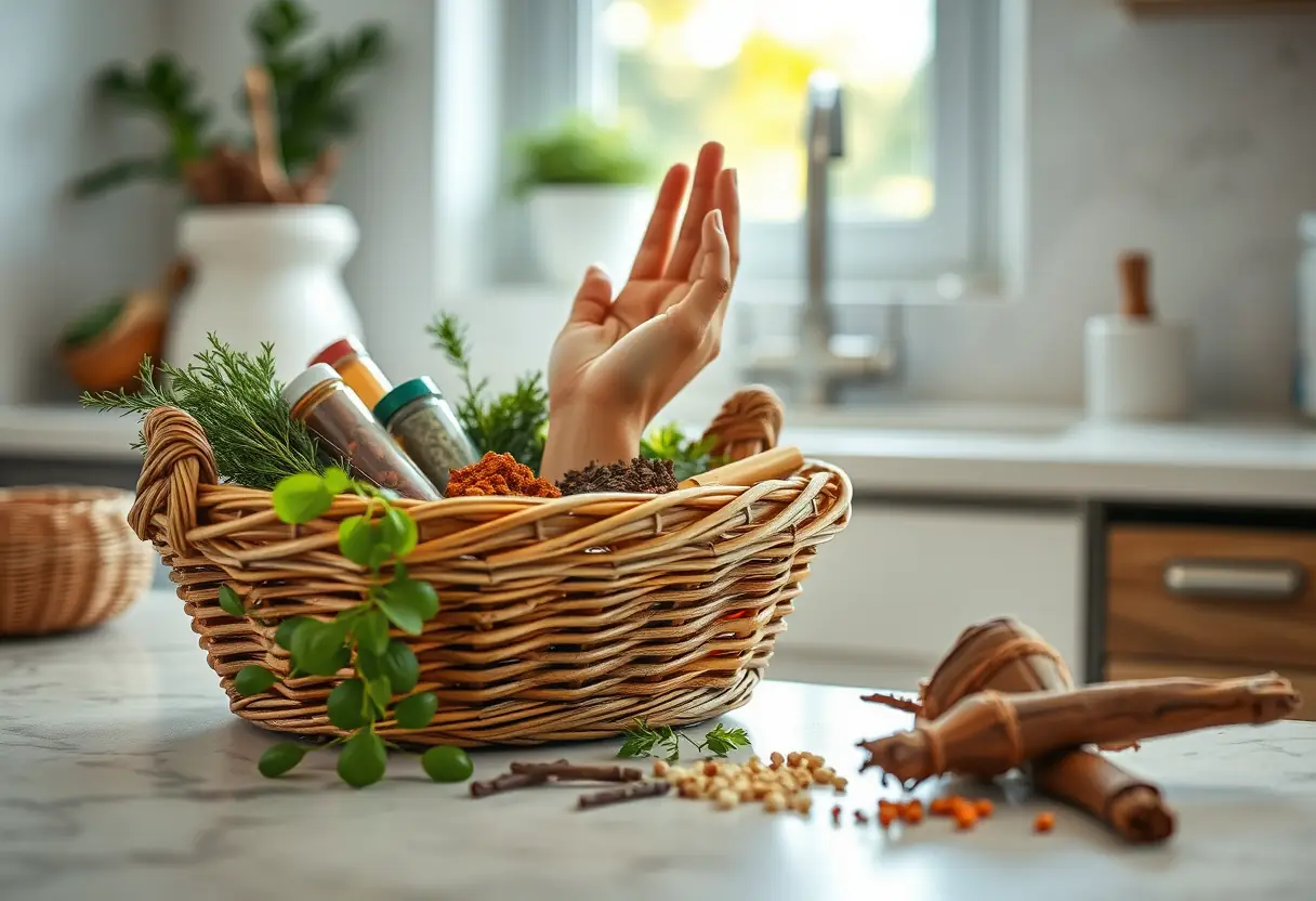 Une main saisit des épices et herbes aromatiques