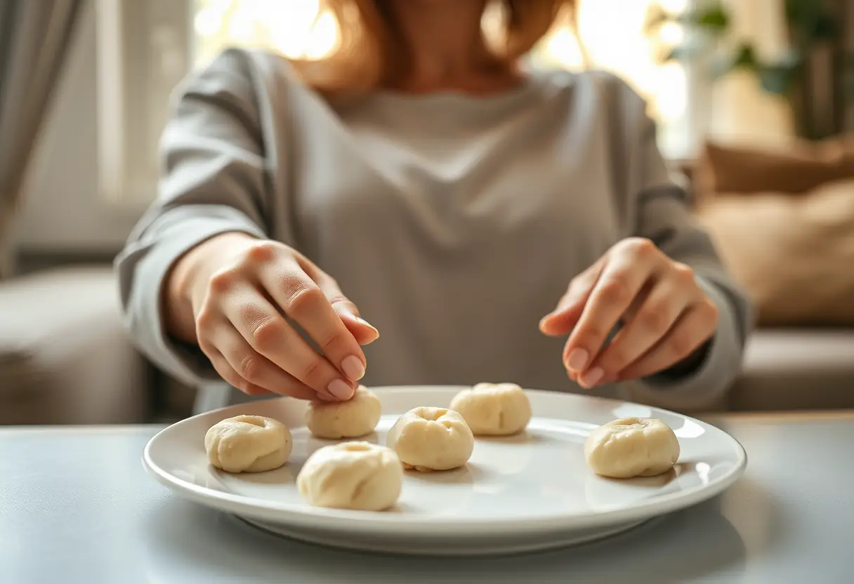 Des mains féminines façonnent des boulettes de pâte de pomme de terre sur un plateau blanc dans une pièce accueillante