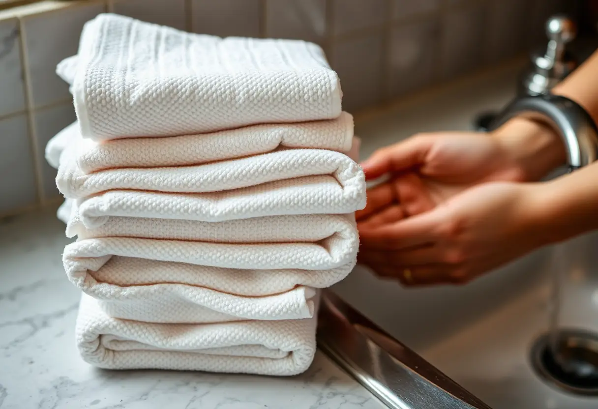 Un tas de serviettes soigneusement pliées près d'un lavabo, rappelant l'importance de la propreté lors de la préparation du repas du soir.