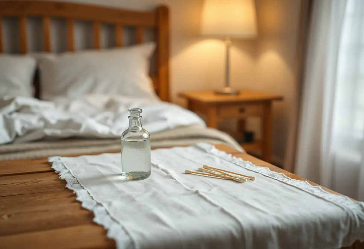 Une table en bois avec un flacon en verre et des cotons-tiges dans une chambre douillette