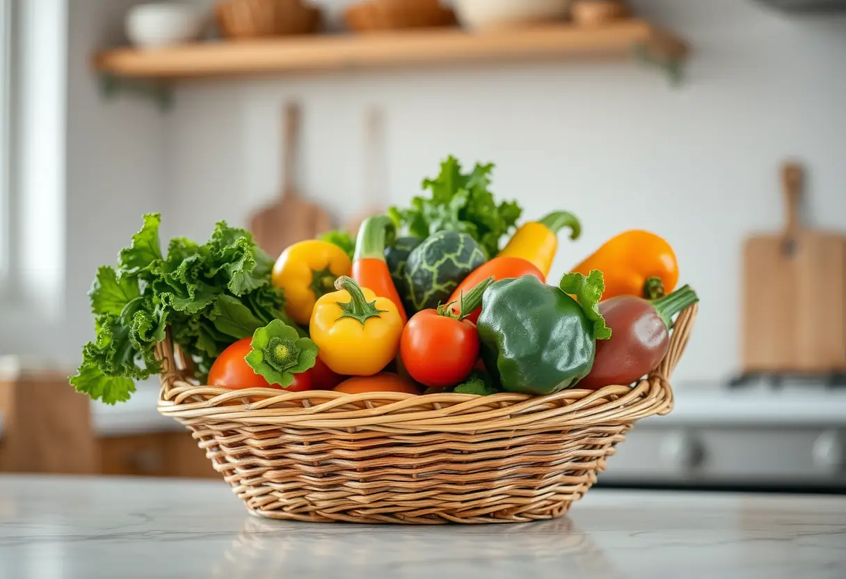 Un panier tressé rempli de légumes frais sur un comptoir de cuisine