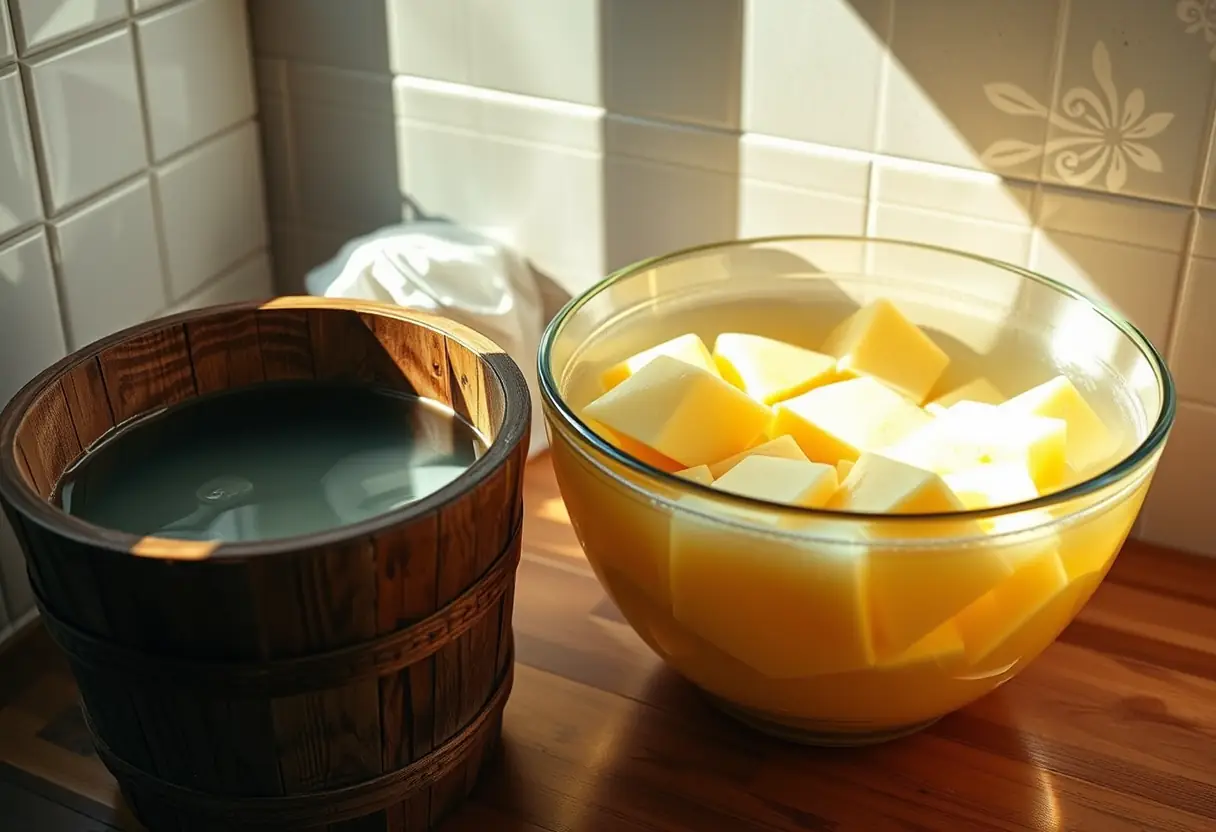 Un seau en bois remplit d'eau près d'un bol contenant du savon d'Alep qui macère dans la cuisine