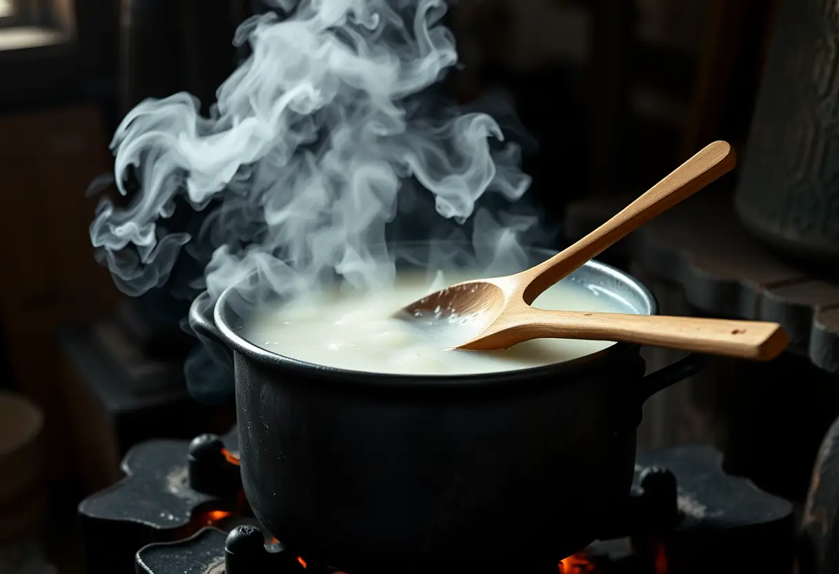 Une cuillère en bois mélangeant une grande marmite de savon sur un feu de camp